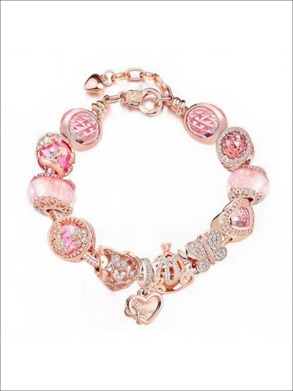 Rhinestone Stainless Steel Charm Bracelet Heart Pendant Open Cuff